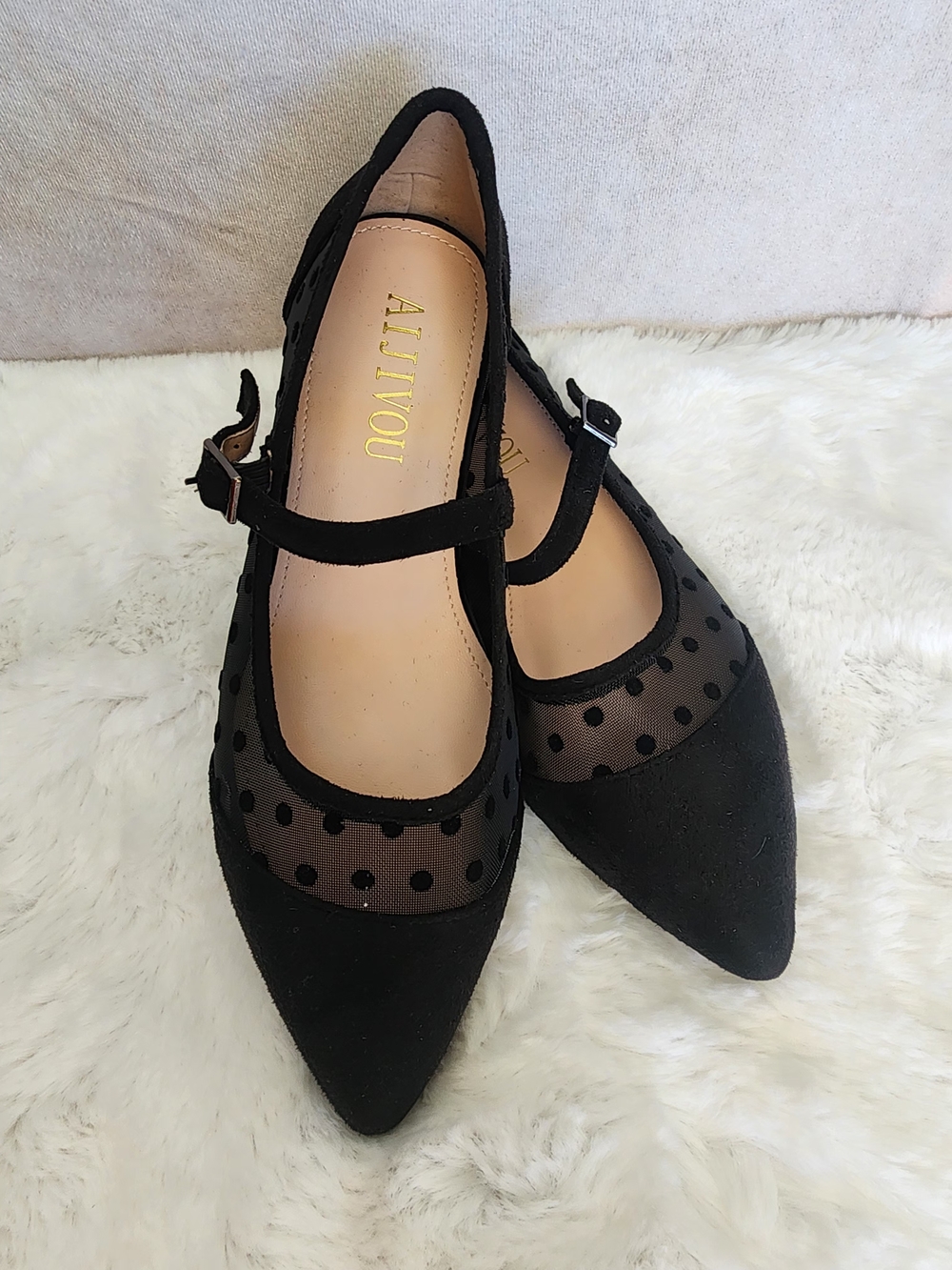 Black Pointed Mesh Mary Jane Flats Size 6.5